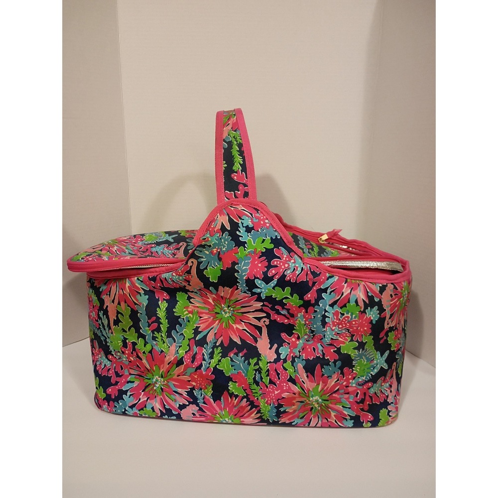 Lilly Pulitzer Insulated Picnic Basket Cooler Bag Floral Coral Pink Navy Blue